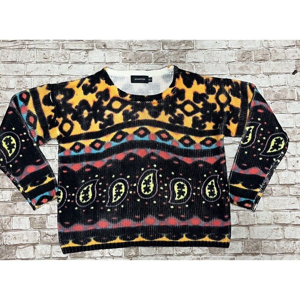 MINKPINK Sweater Womens XS Multicolor Good Mixed Print Paisley Animal Knit